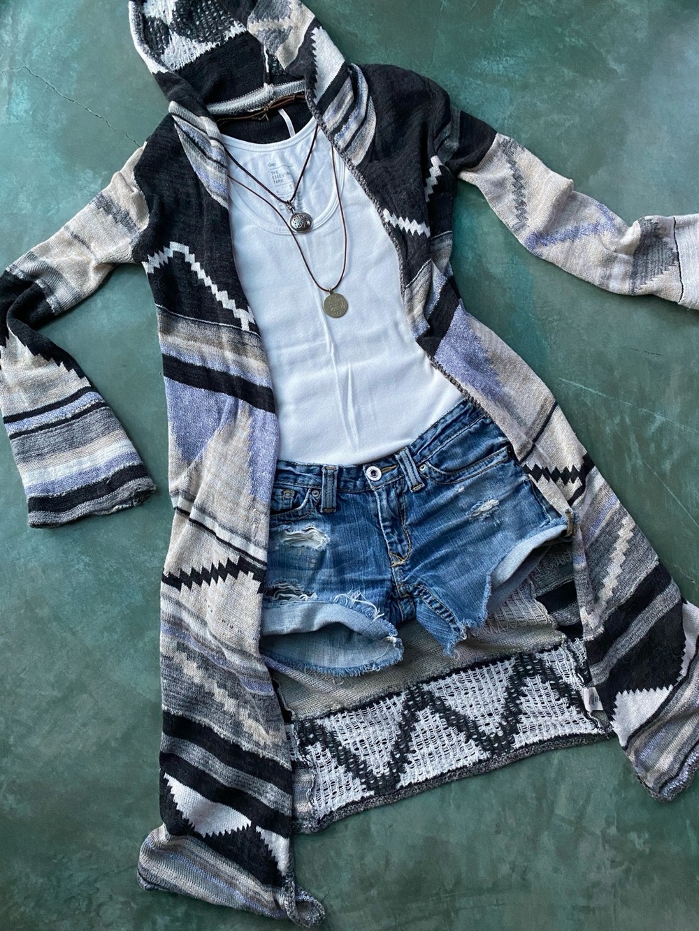 Free People Long Black and Cream Knit Cardigan with Hoodie - Picture 2 of 12